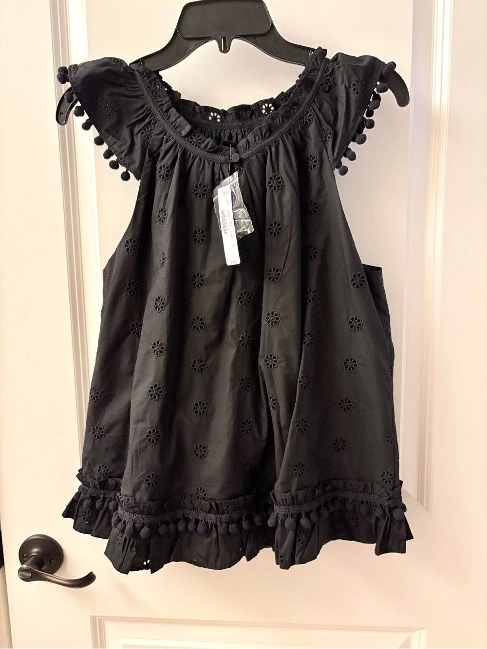 J crew eyelet Pom pom top black size M brand new